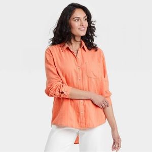 Universal Thread Women's Long Sleeve Relaxed Fit Gauze Button-Down - Coral